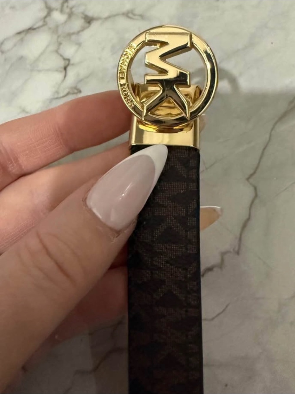 Michael Kors Dark Brown Logo Belt with Gold MK Circle Buckle